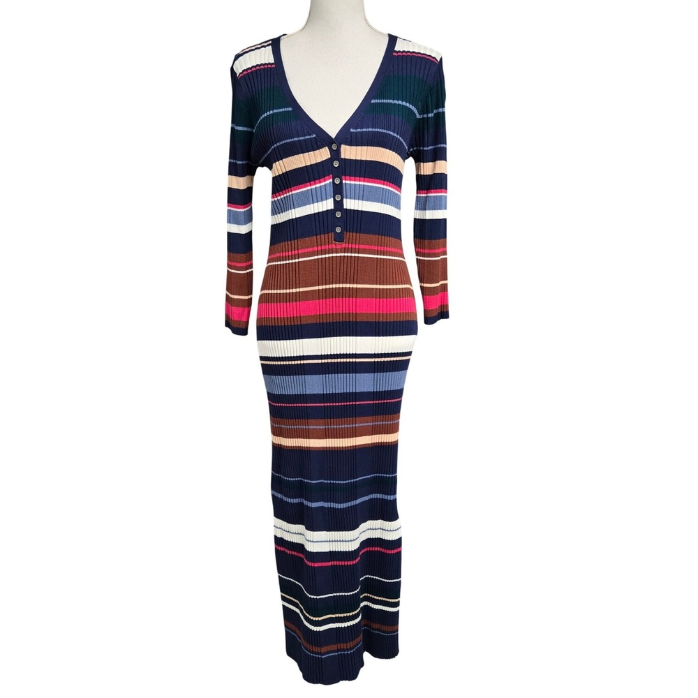 Maeve Anthropologie Ribbed Knit Maxi Dress Multi‎ Stripe V-Neck Long Sleeve Sz L
